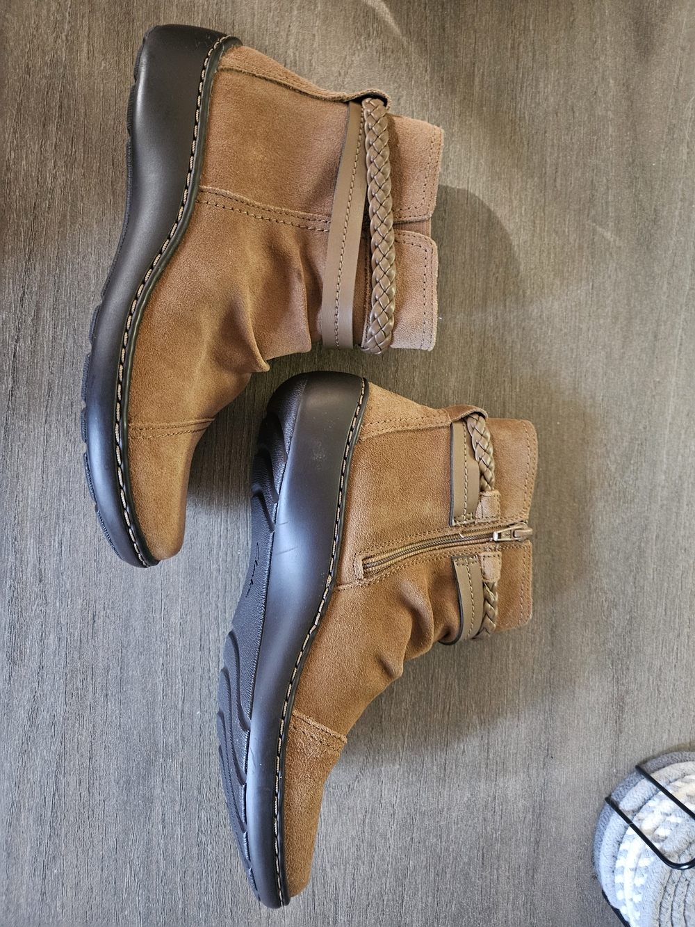 Clarks Tan Suede Ankle Booties with Braided Strap - NWOT